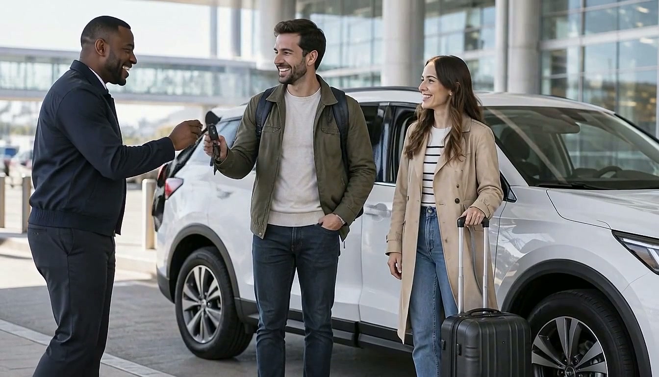 Happy travelers collecting their rental SUV at a modern airport