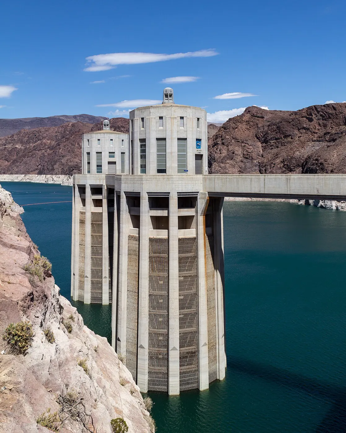 Hoover Dam and its towers viewed from the canyon